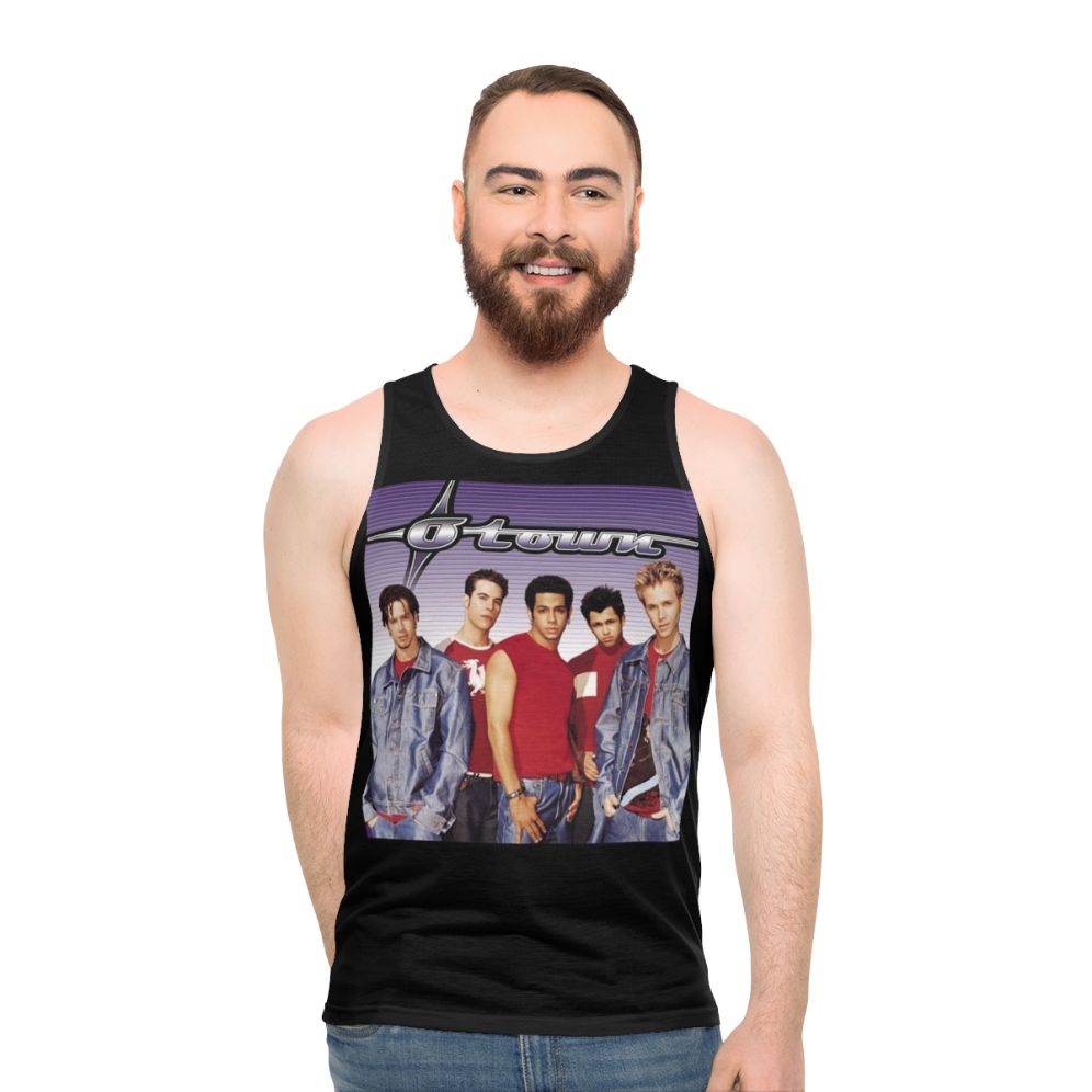 Unisex tank top featuring retro boy band music design