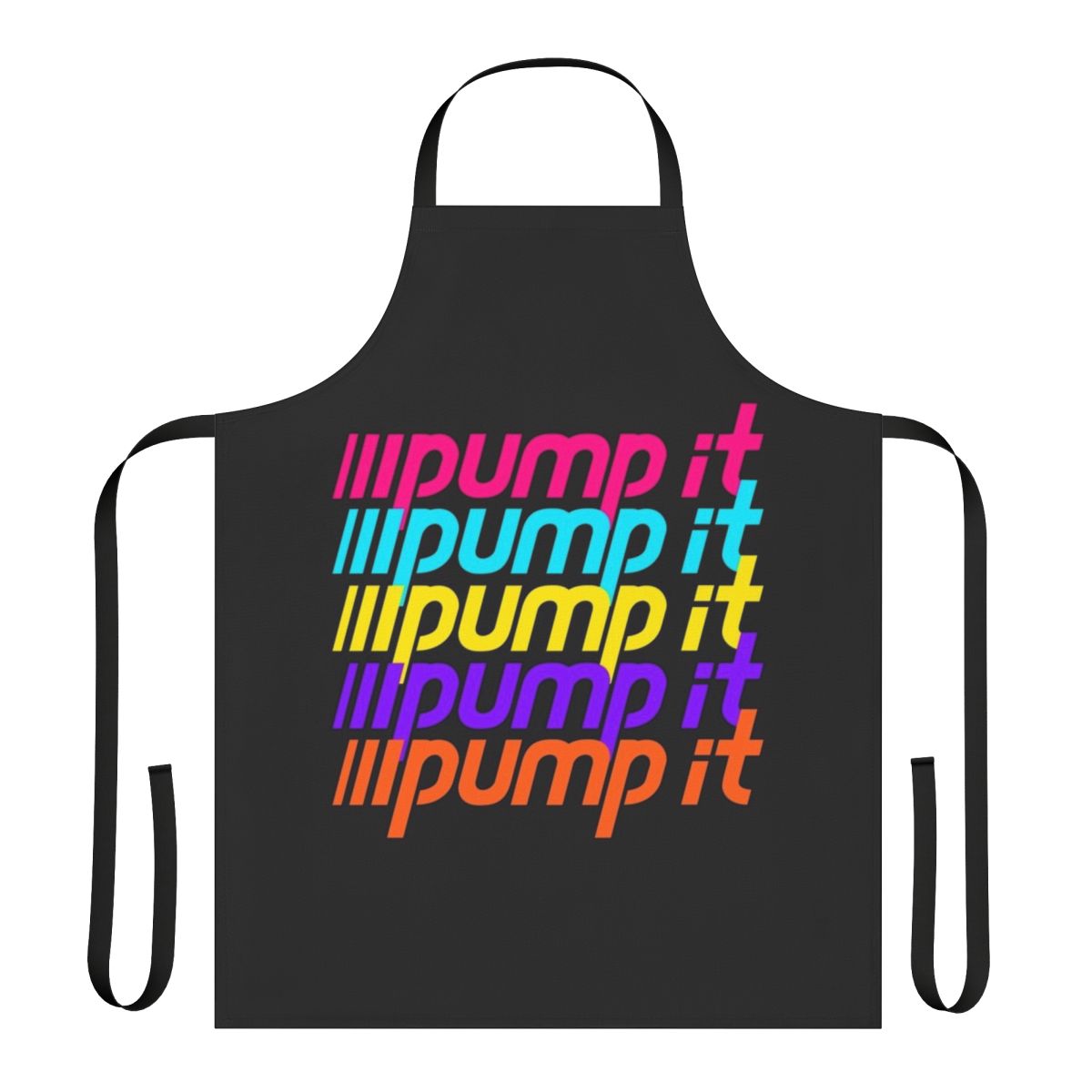 Colorful retro-style apron with "Pump It" text and bright neon colors