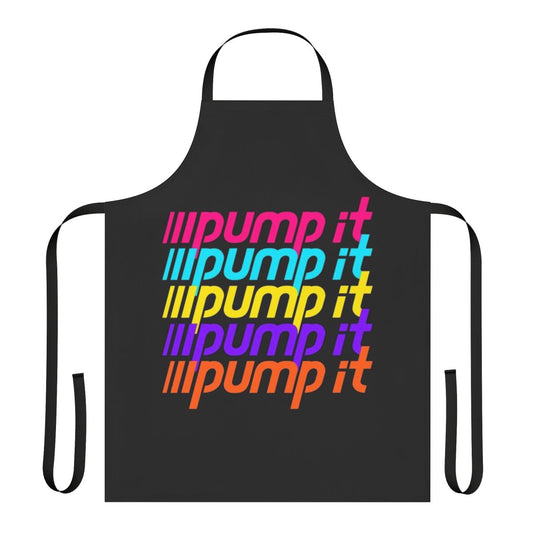 Colorful retro-style apron with "Pump It" text and bright neon colors