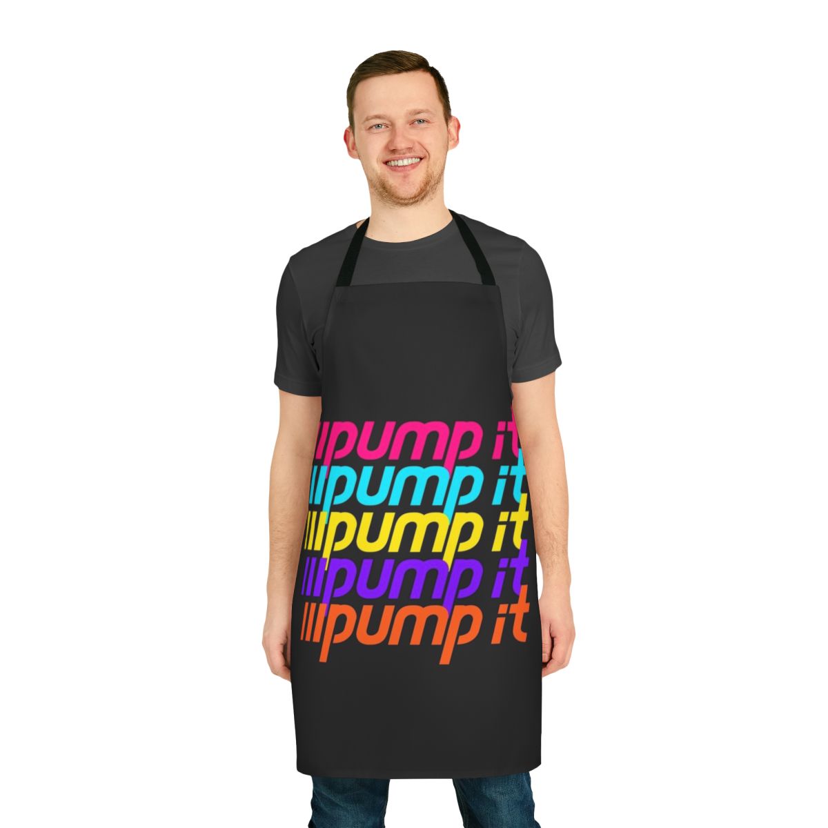 Colorful retro-style apron with "Pump It" text and bright neon colors