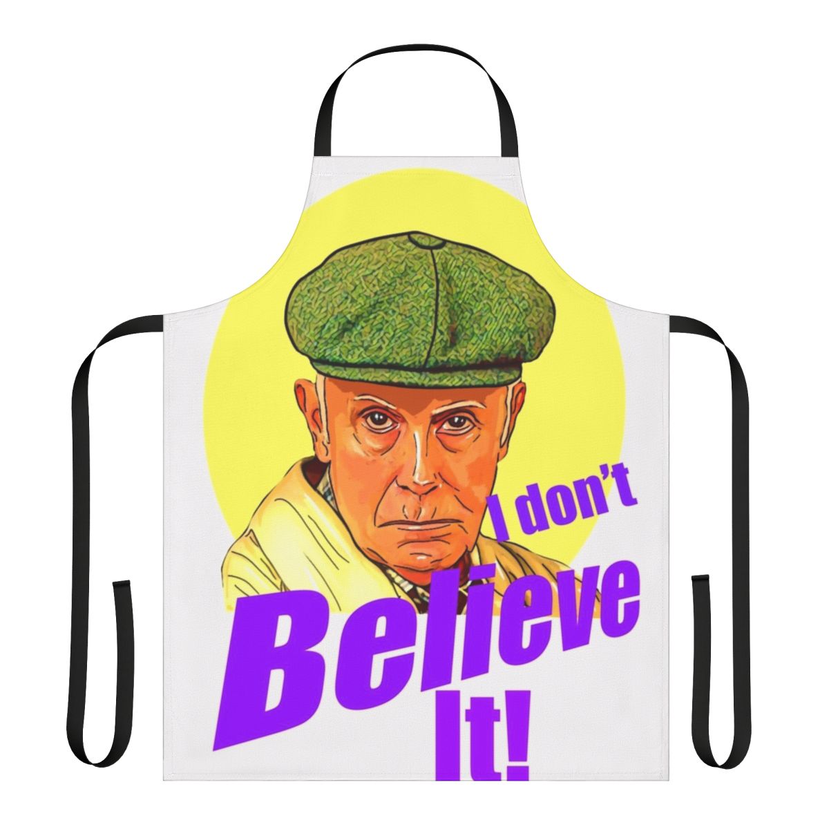 Vintage-style apron featuring a humorous quote from the iconic British TV character Victor Meldrew from the comedy series "One Foot in the Grave"