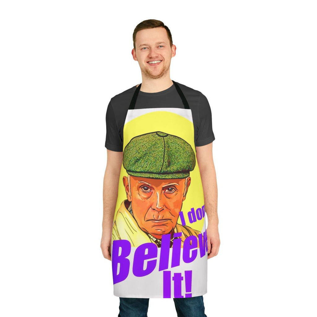 Vintage-style apron featuring a humorous quote from the iconic British TV character Victor Meldrew from the comedy series "One Foot in the Grave"