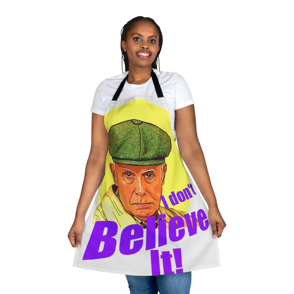 Vintage-style apron featuring a humorous quote from the iconic British TV character Victor Meldrew from the comedy series "One Foot in the Grave"