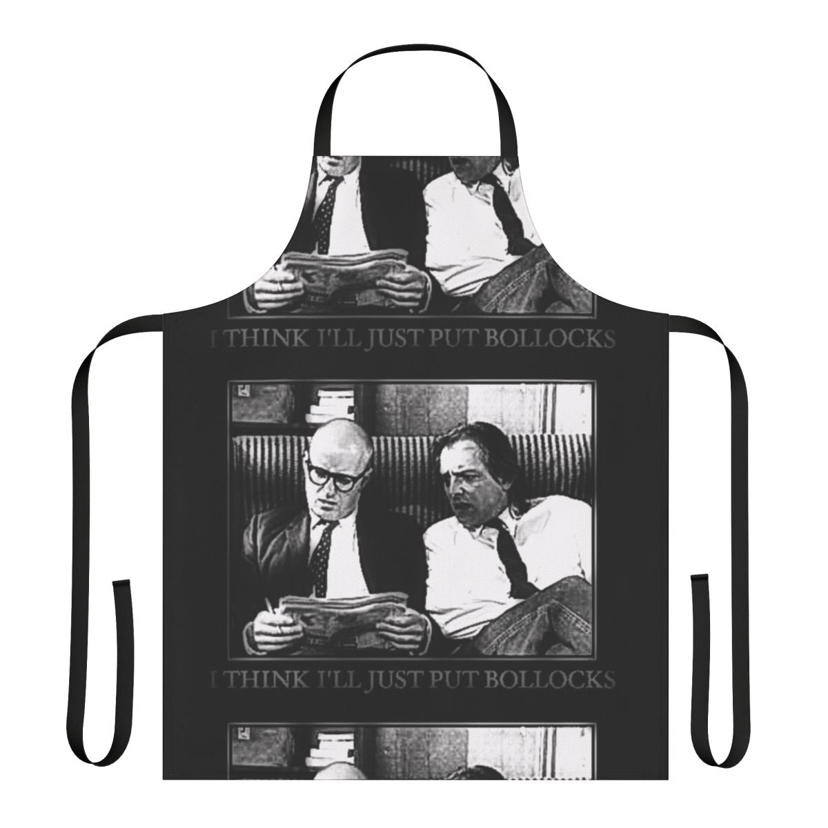 "Retro British comedy-themed apron with 'Bottom Bollocks' design"