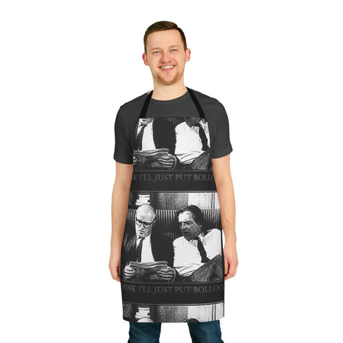 "Retro British comedy-themed apron with 'Bottom Bollocks' design"