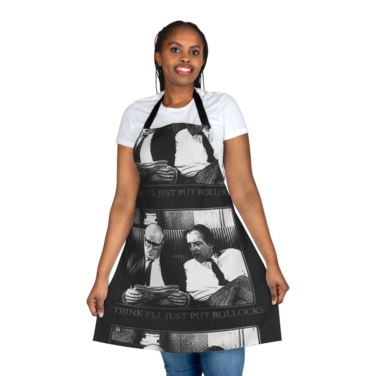 "Retro British comedy-themed apron with 'Bottom Bollocks' design"