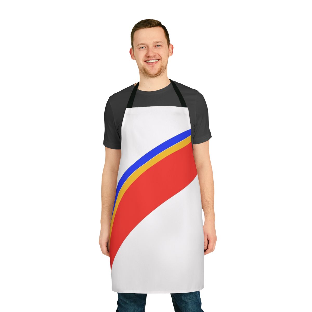 Retro and colorful apron featuring a captain eo inspired design with space and alien elements