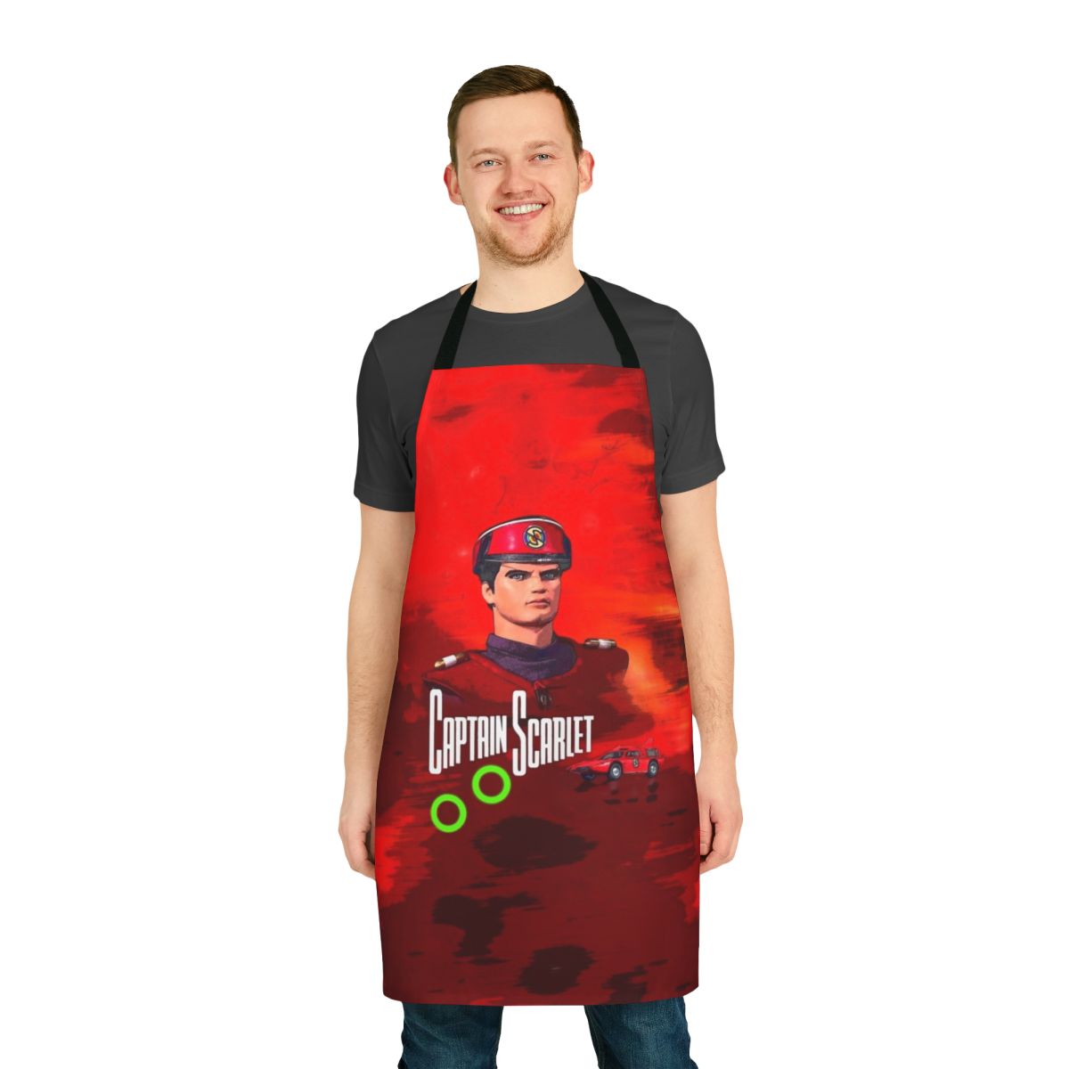 Retro sci-fi inspired apron featuring Captain Scarlet character artwork