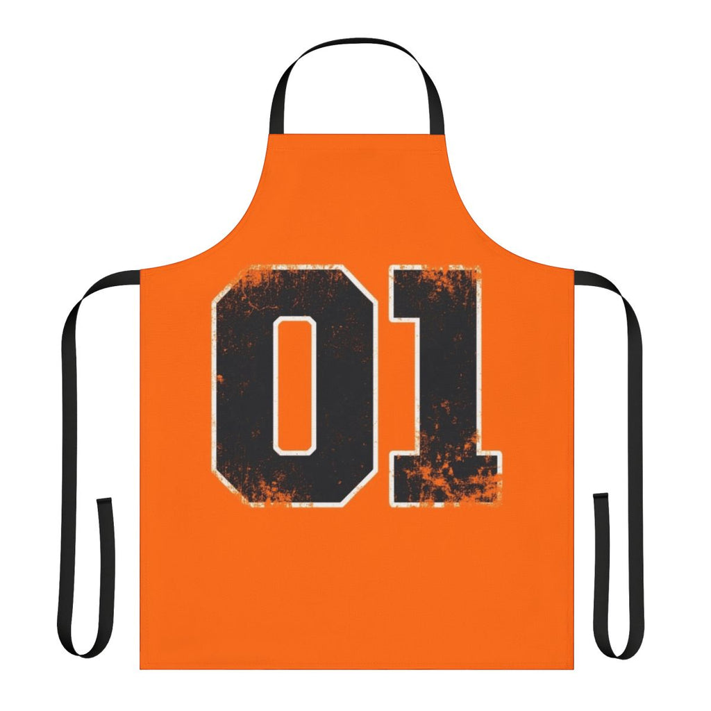 An orange apron featuring the iconic General Lee car from the Dukes of Hazzard TV show