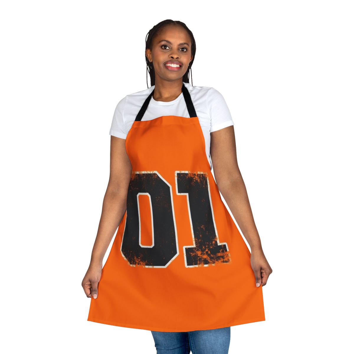 An orange apron featuring the iconic General Lee car from the Dukes of Hazzard TV show