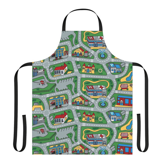 Vibrant vintage-style car-themed play rug with a retro city road pattern design