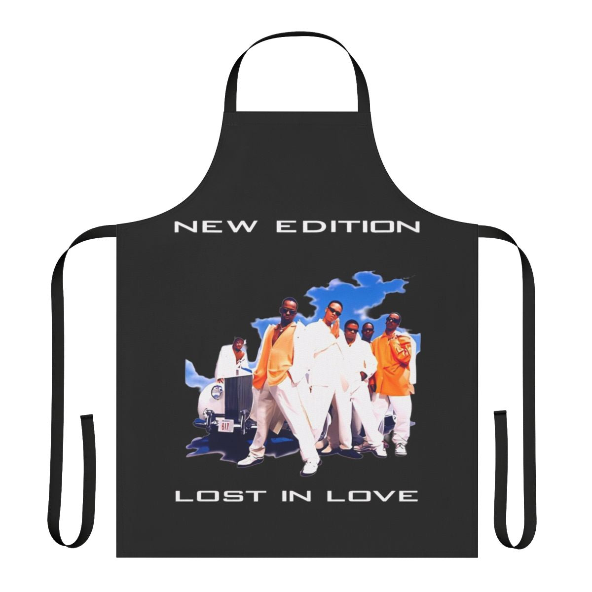 Retro cartoon 80s-style apron with music, gaming, and Christmas elements
