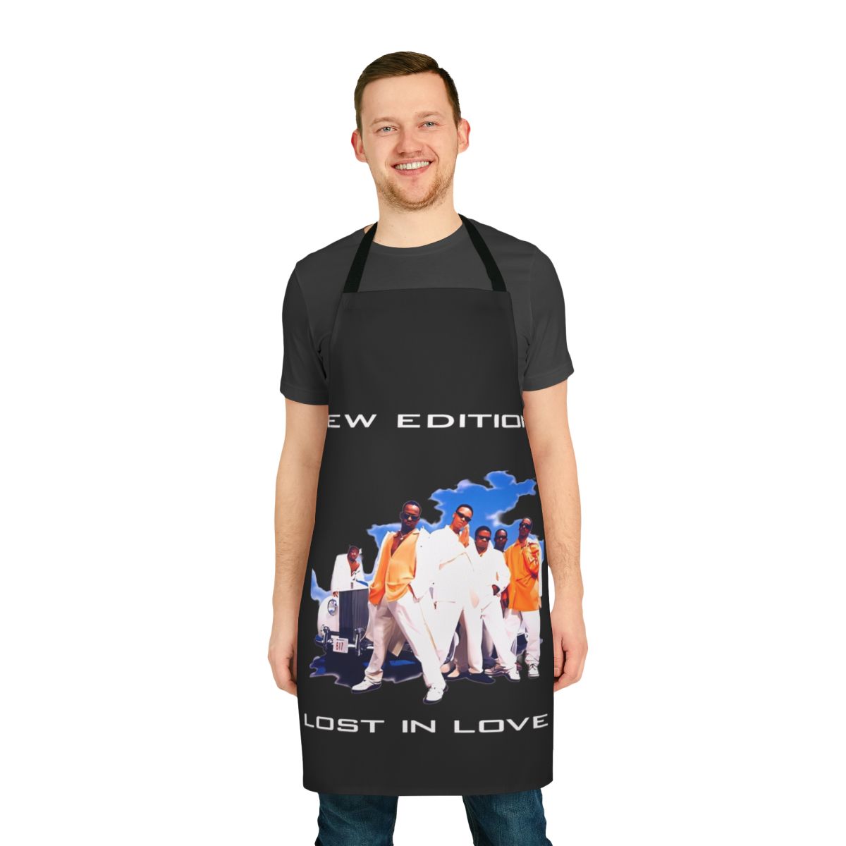 Retro cartoon 80s-style apron with music, gaming, and Christmas elements