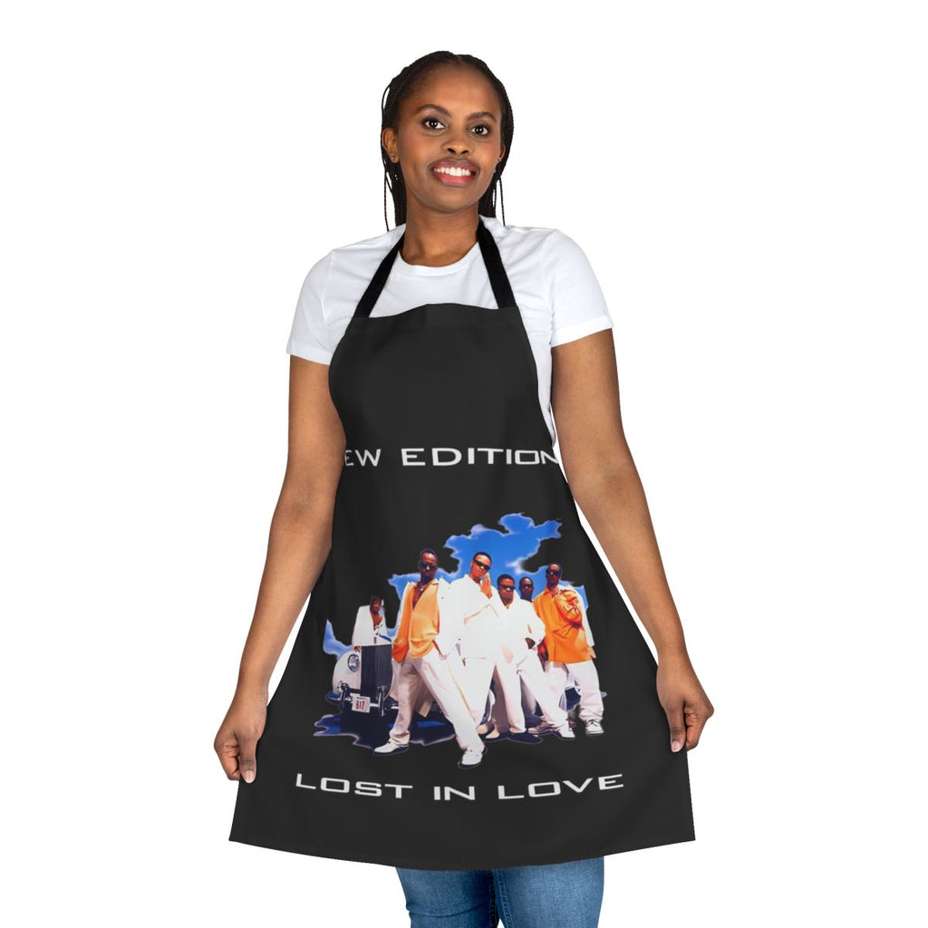 Retro cartoon 80s-style apron with music, gaming, and Christmas elements
