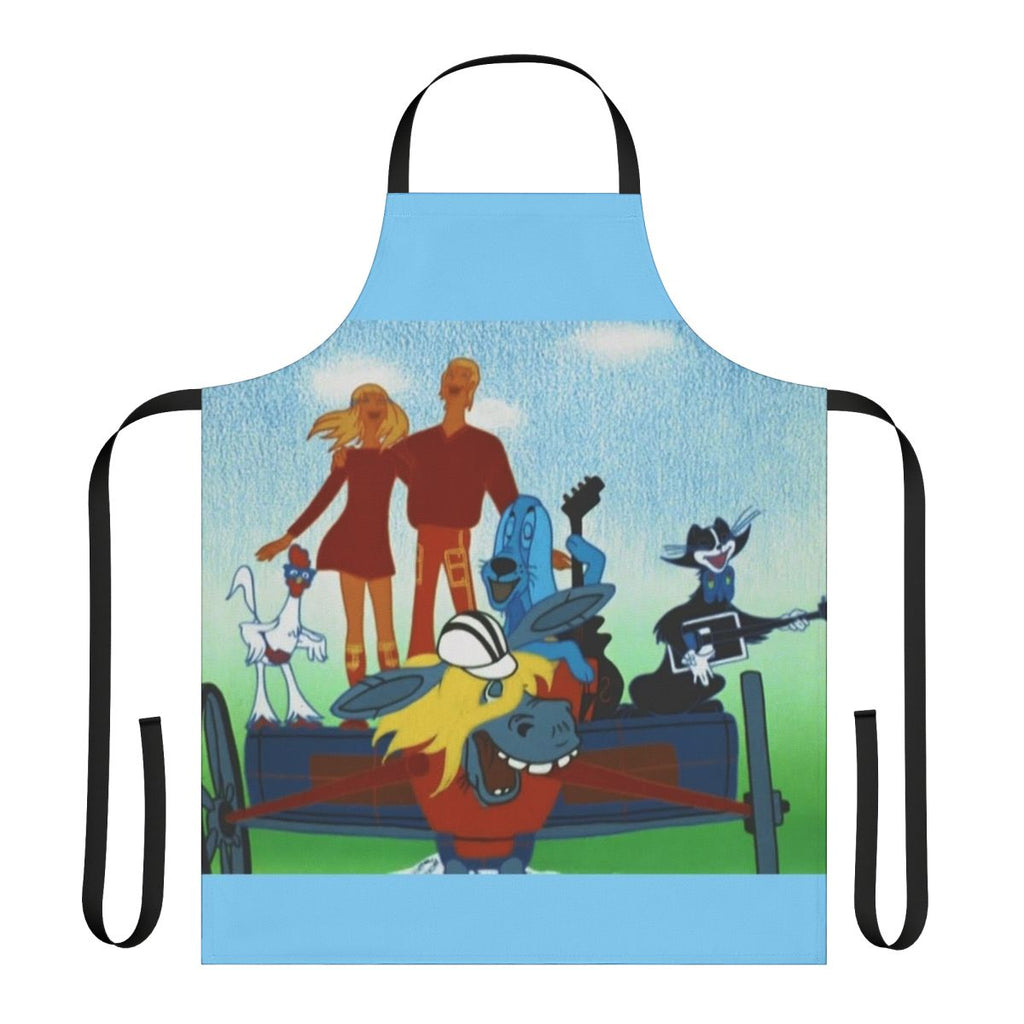 Whimsical apron depicting the Bremen musicians characters from a classic Soviet cartoon