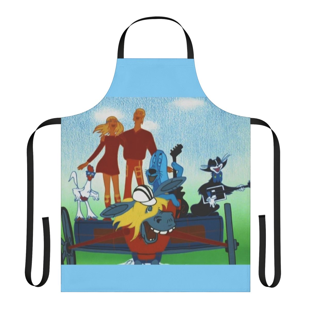 Whimsical apron depicting the Bremen musicians characters from a classic Soviet cartoon