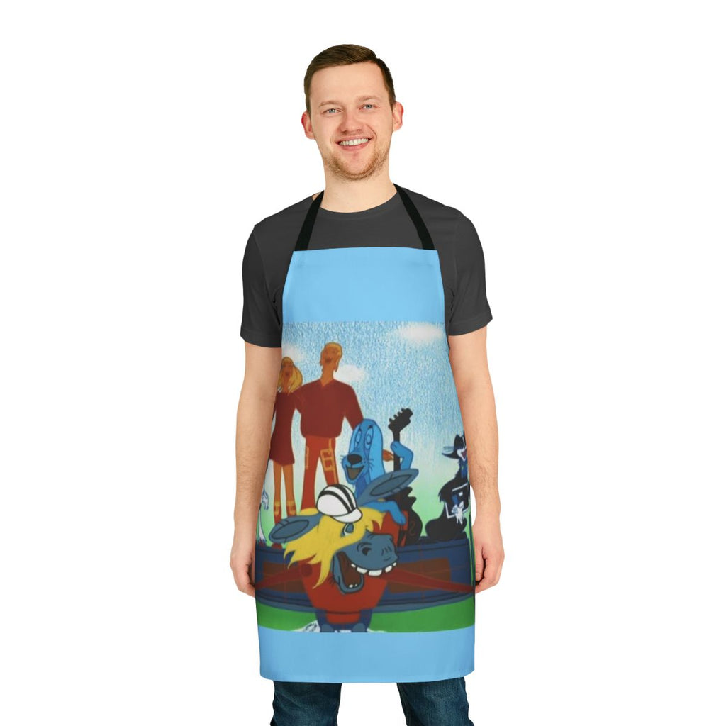 Whimsical apron depicting the Bremen musicians characters from a classic Soviet cartoon