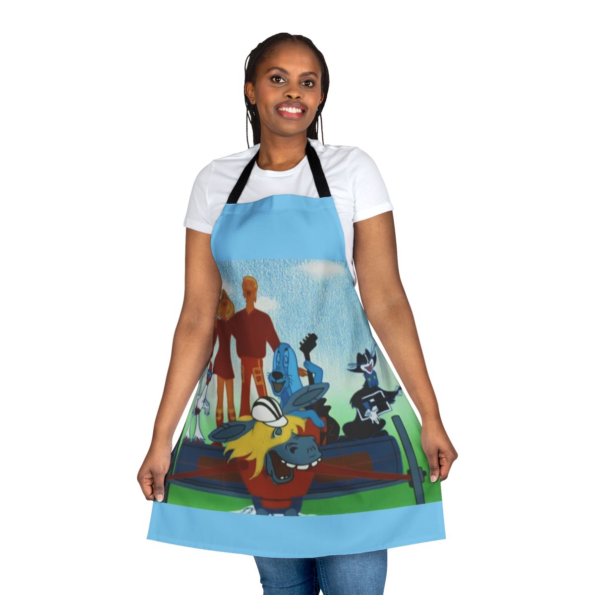 Whimsical apron depicting the Bremen musicians characters from a classic Soviet cartoon