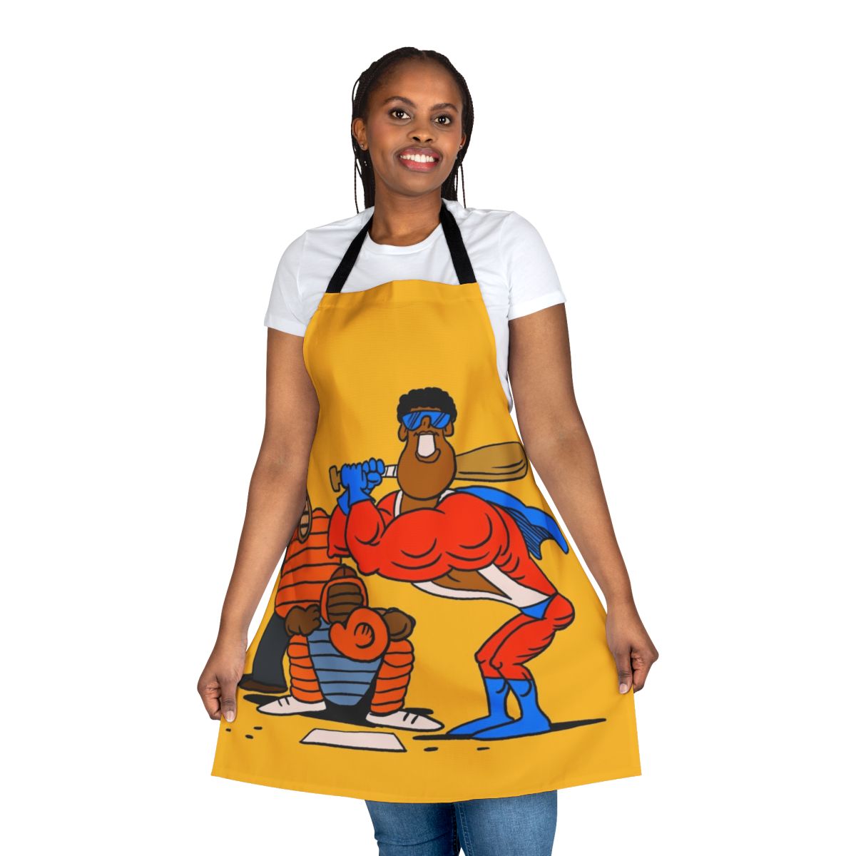 Verb Baseball Apron featuring a retro cartoon superhero design