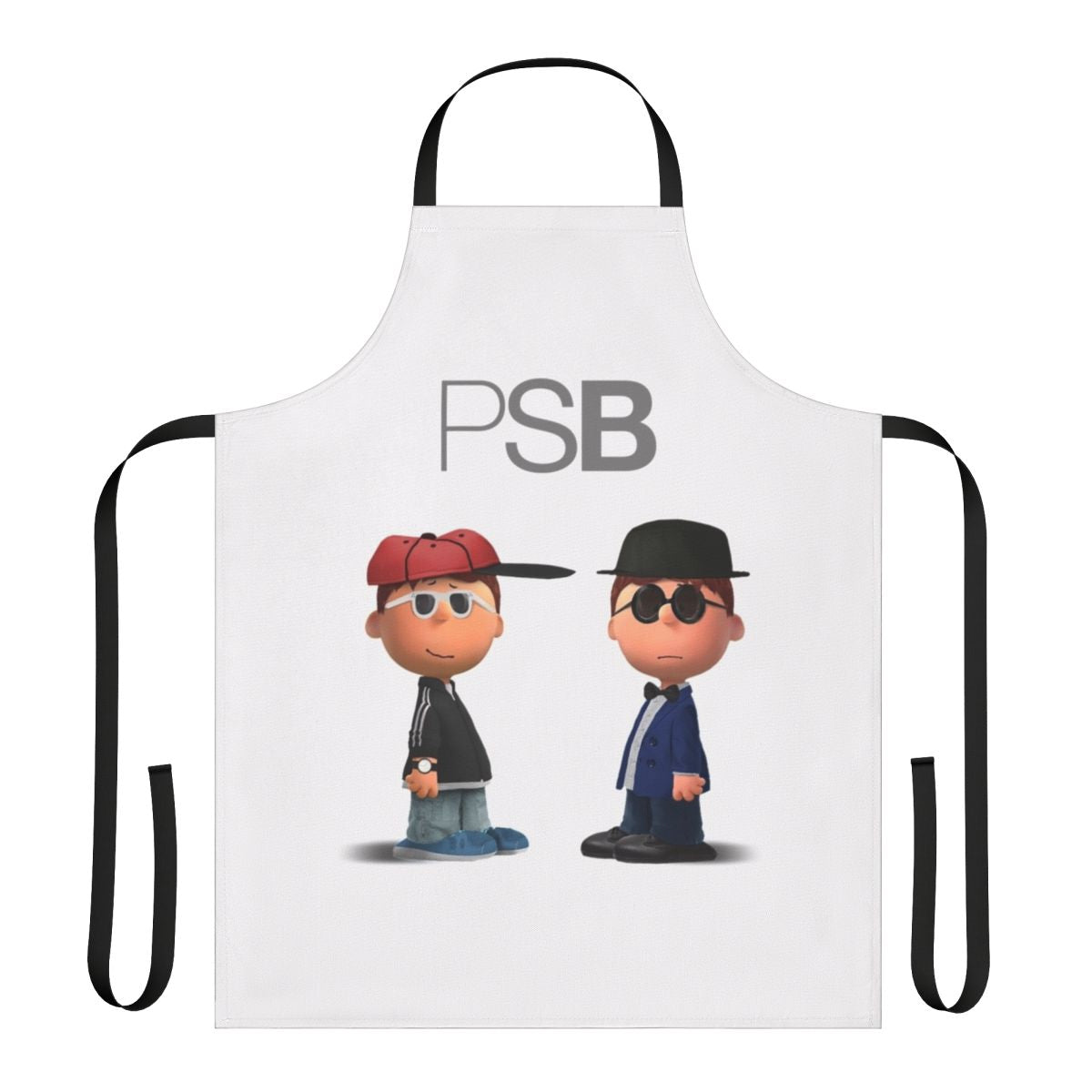 Retro-style cartoon apron featuring the iconic Pet Shop Boys logo and design