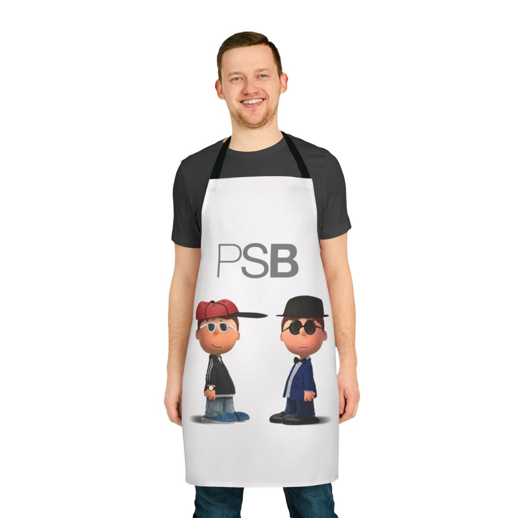 Retro-style cartoon apron featuring the iconic Pet Shop Boys logo and design