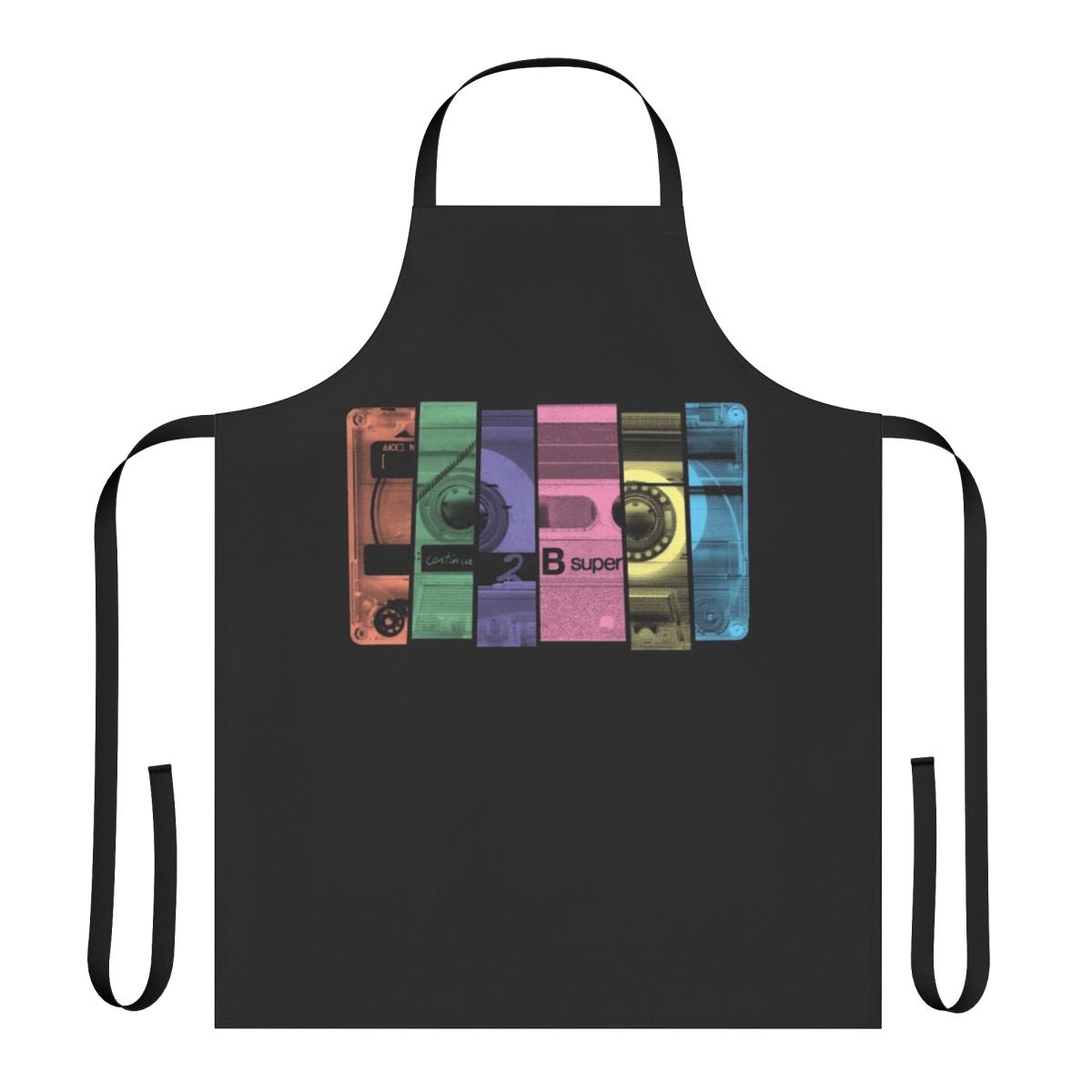 A stylish and durable kitchen apron featuring a funky retro cassette tape design, perfect for music lovers and kitchen enthusiasts.