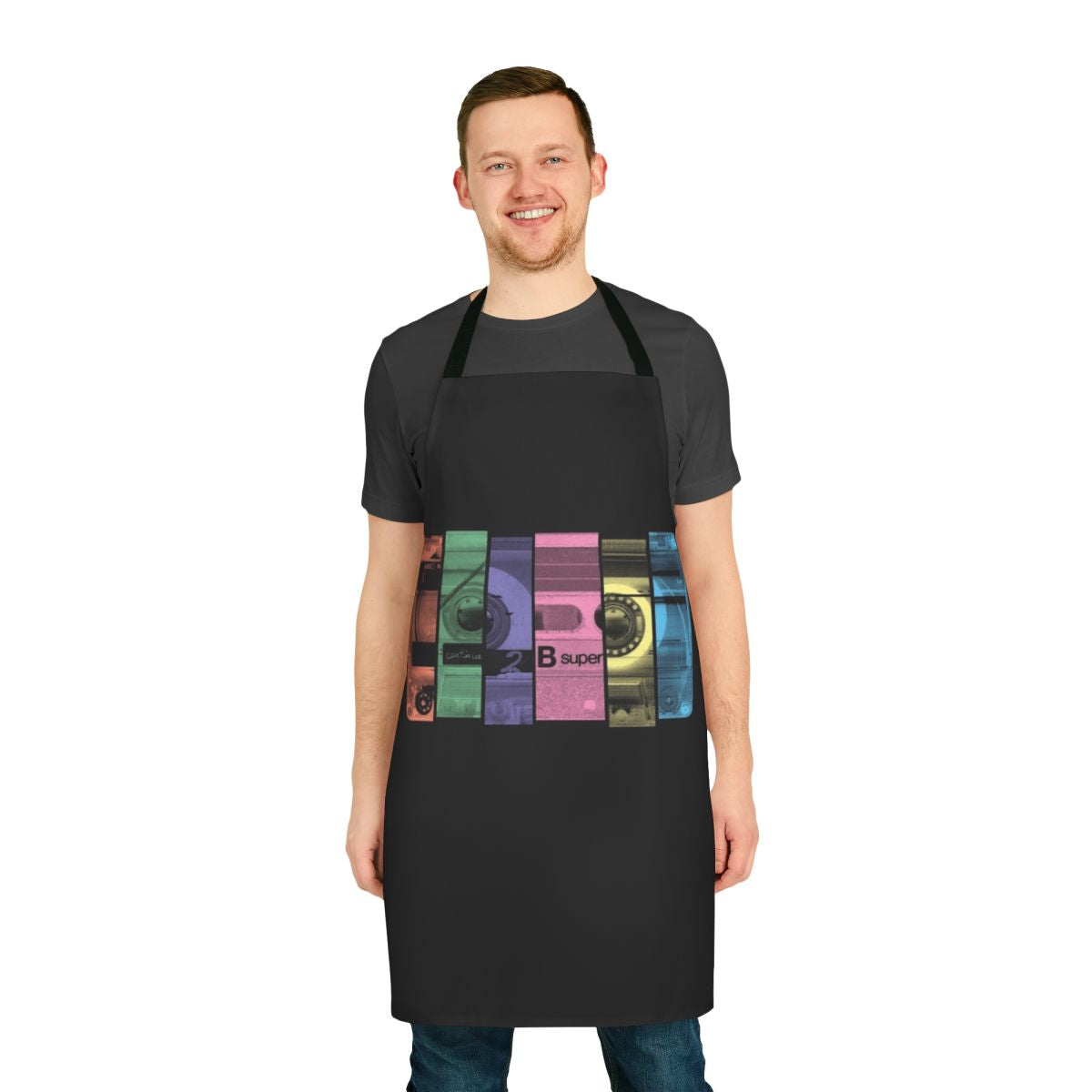A stylish and durable kitchen apron featuring a funky retro cassette tape design, perfect for music lovers and kitchen enthusiasts.