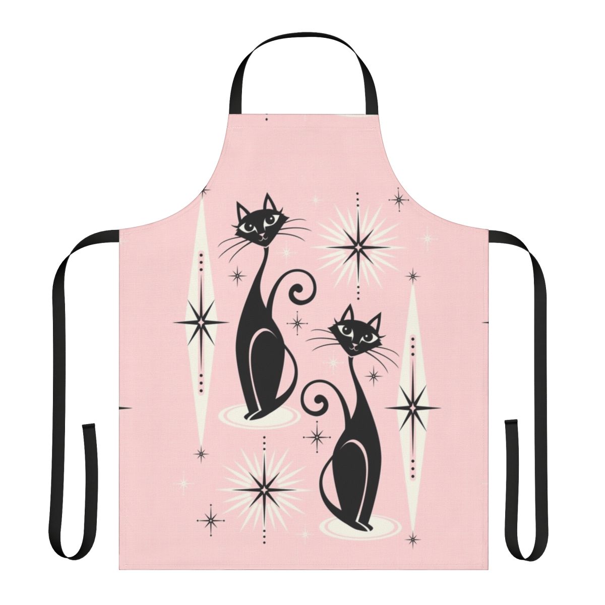 Retro cat apron with atomic starburst pattern in pink and black