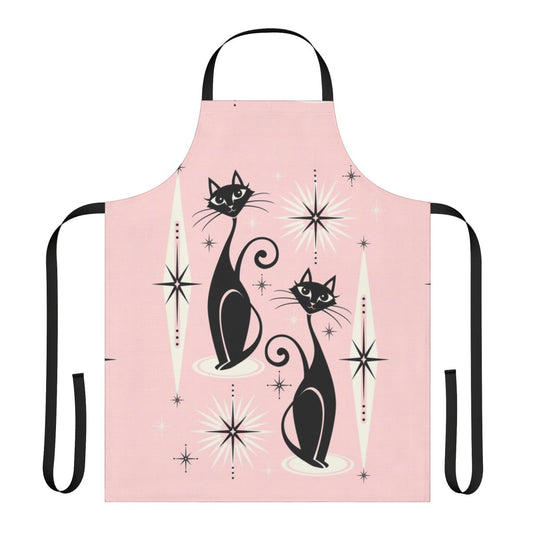 Retro cat apron with atomic starburst pattern in pink and black