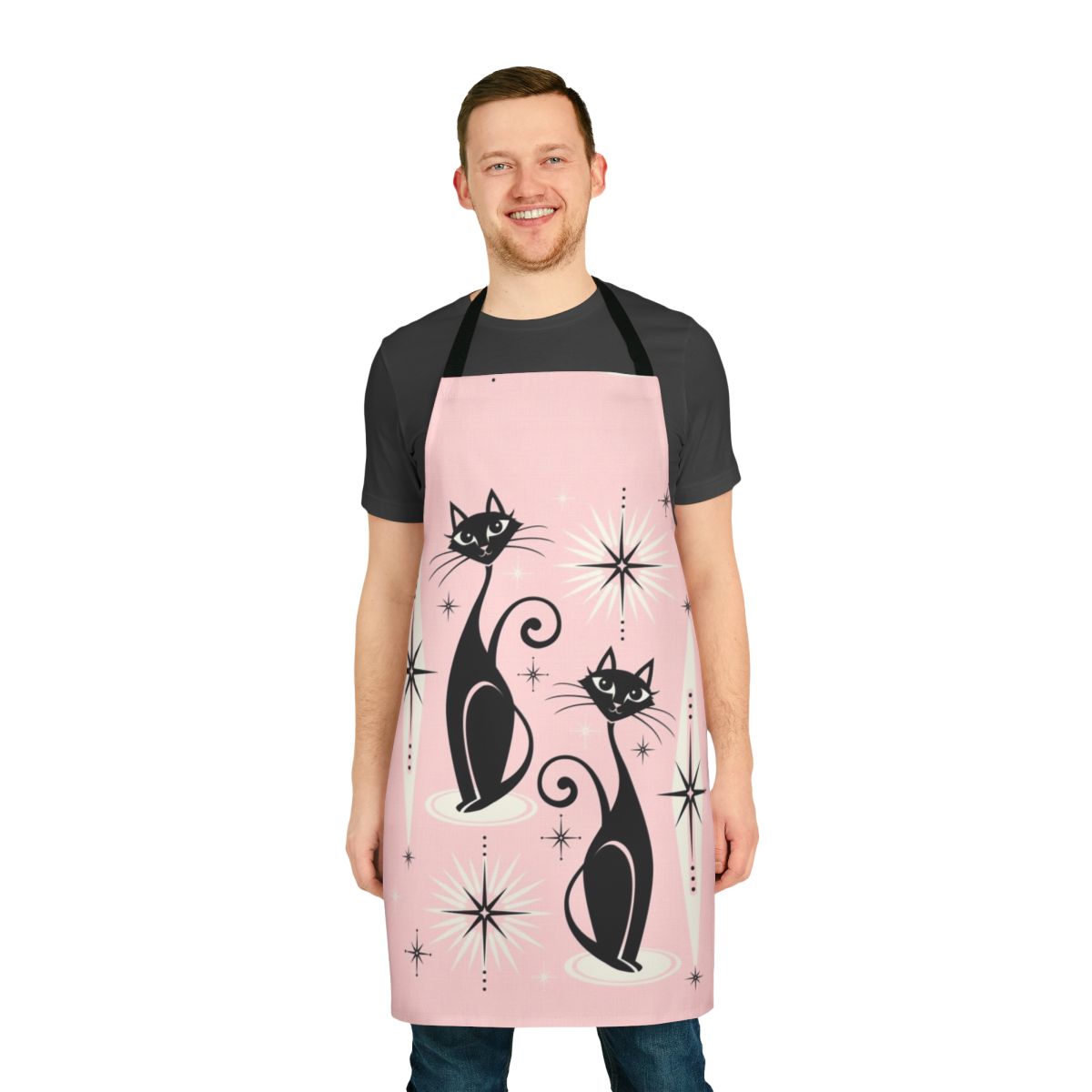 Retro cat apron with atomic starburst pattern in pink and black