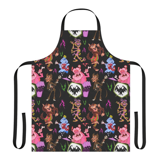 Retro cereal characters printed on a kitchen apron
