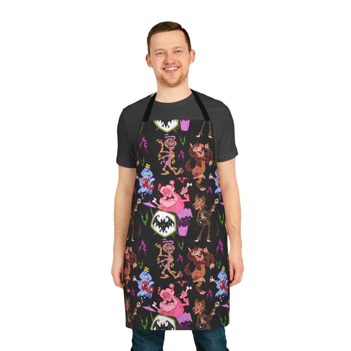 Retro cereal characters printed on a kitchen apron