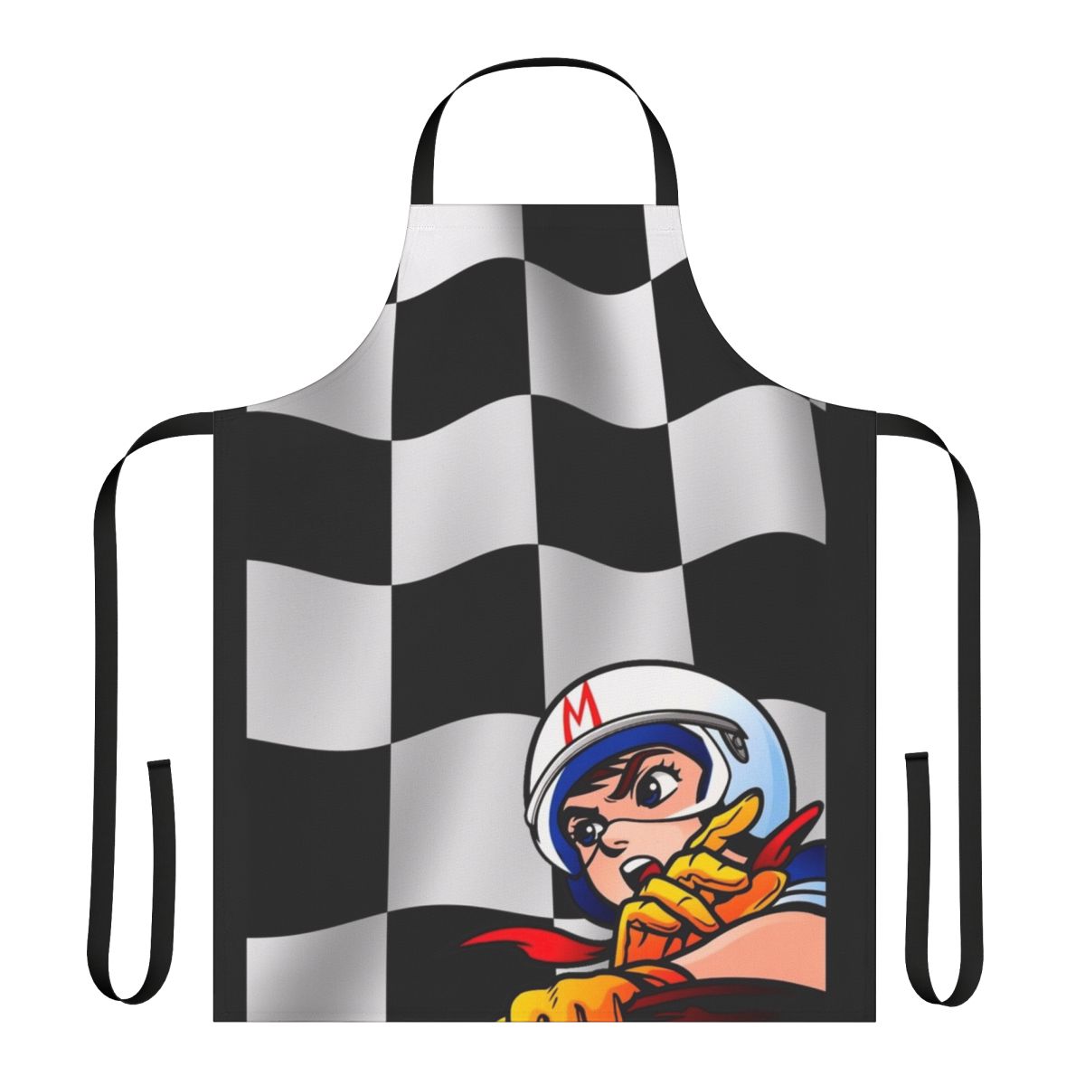 Retro checkered flag apron inspired by the anime classic Speed Racer