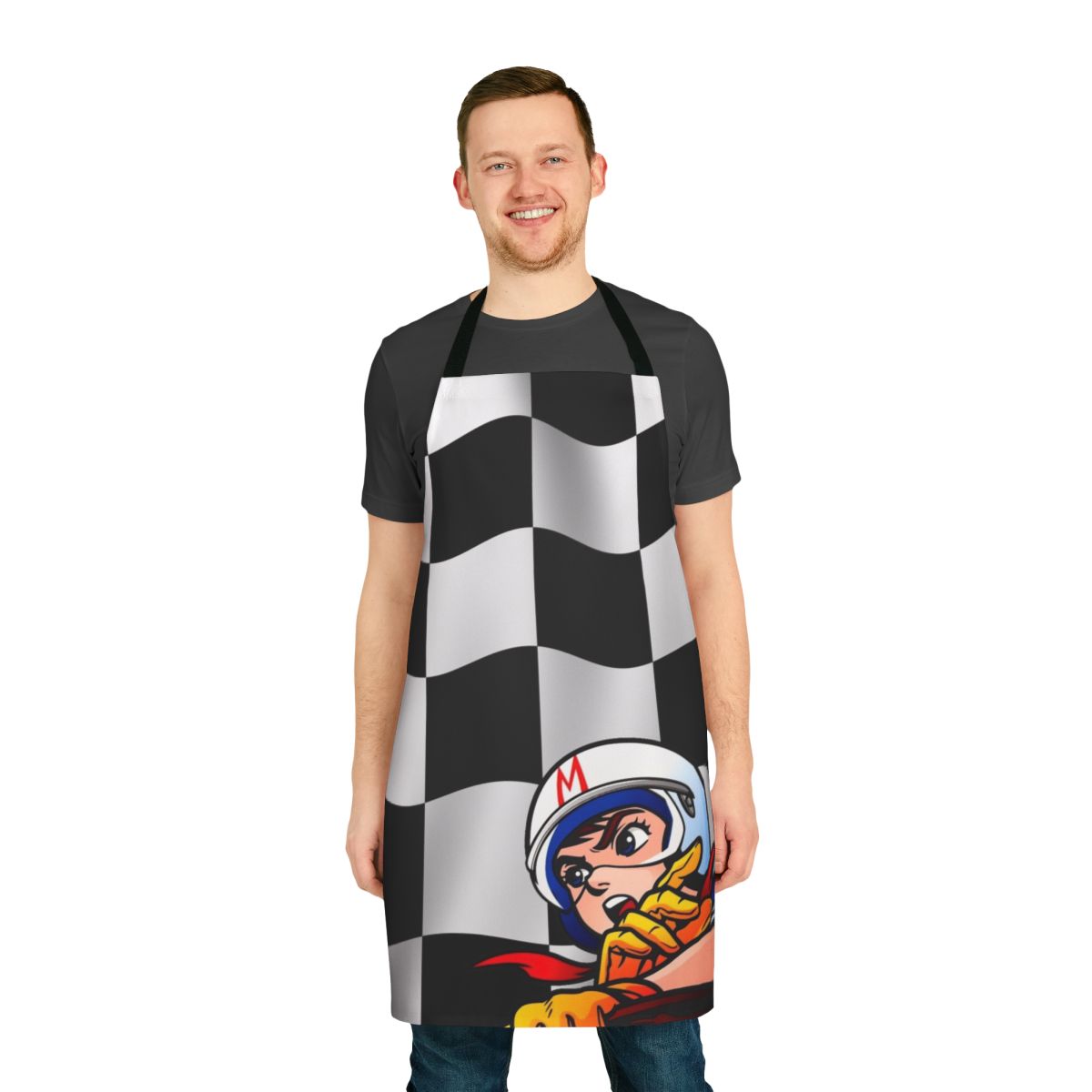 Retro checkered flag apron inspired by the anime classic Speed Racer
