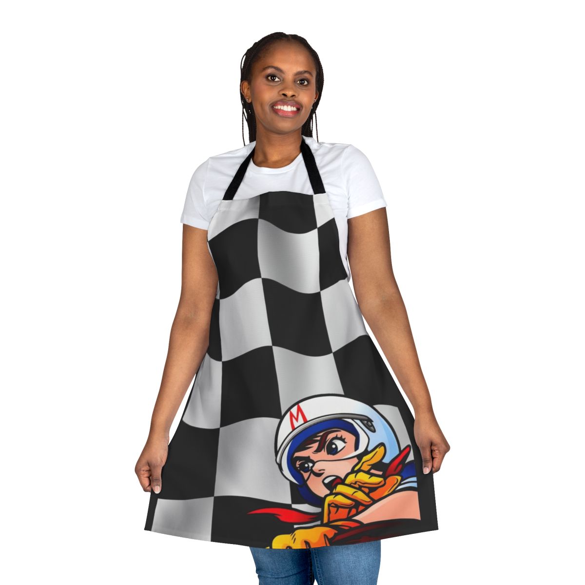Retro checkered flag apron inspired by the anime classic Speed Racer