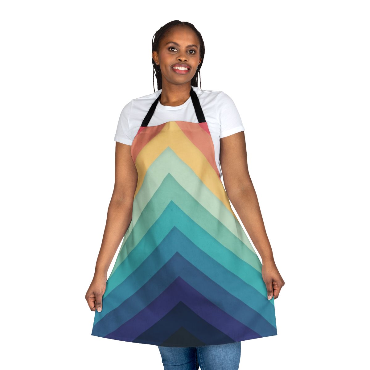 Vibrant retro-style chevron pattern printed on a high-quality apron