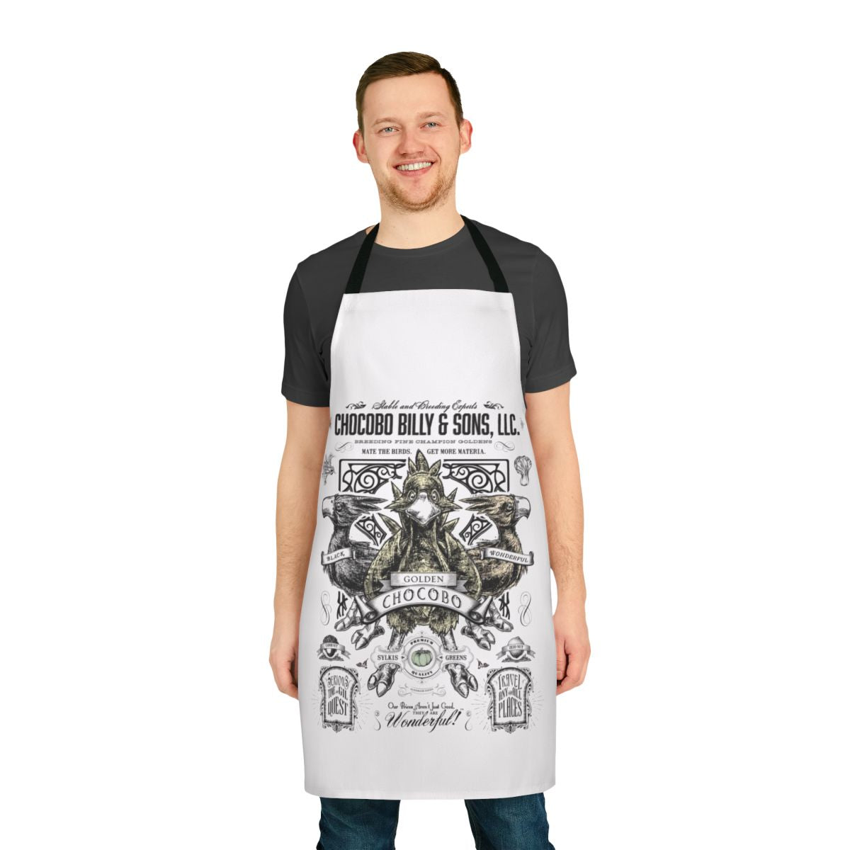Handmade apron featuring a vintage chocobo design, perfect for Final Fantasy fans and kitchen enthusiasts.