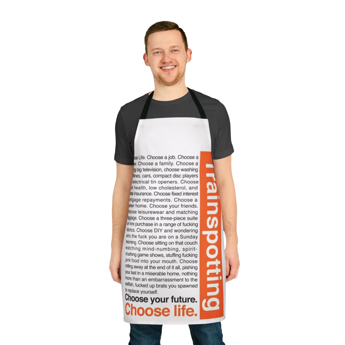 Retro "Choose Life" apron in the style of the classic 1990s cult film Trainspotting