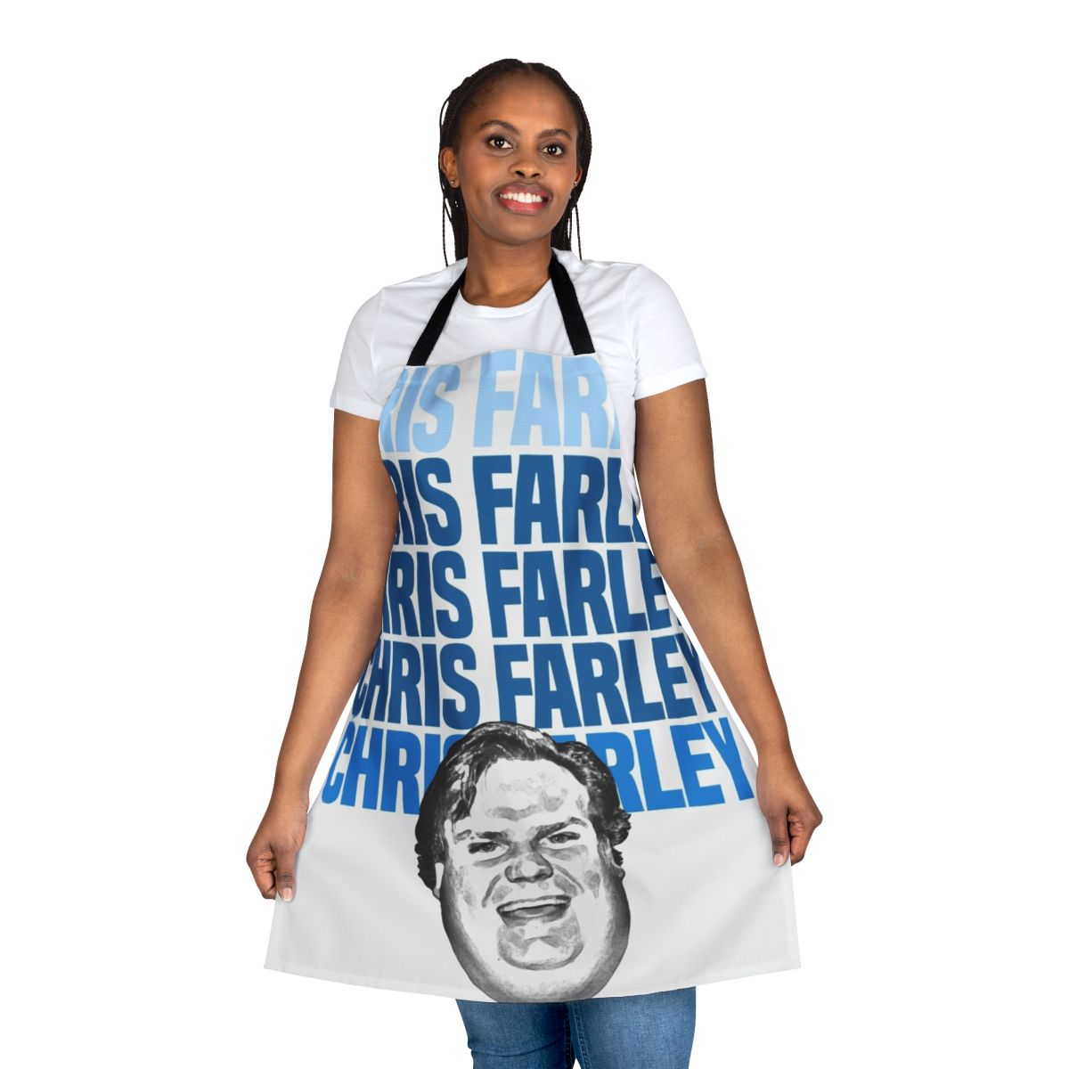 Retro Chris Farley graphic apron with a nostalgic 90s style sketch design