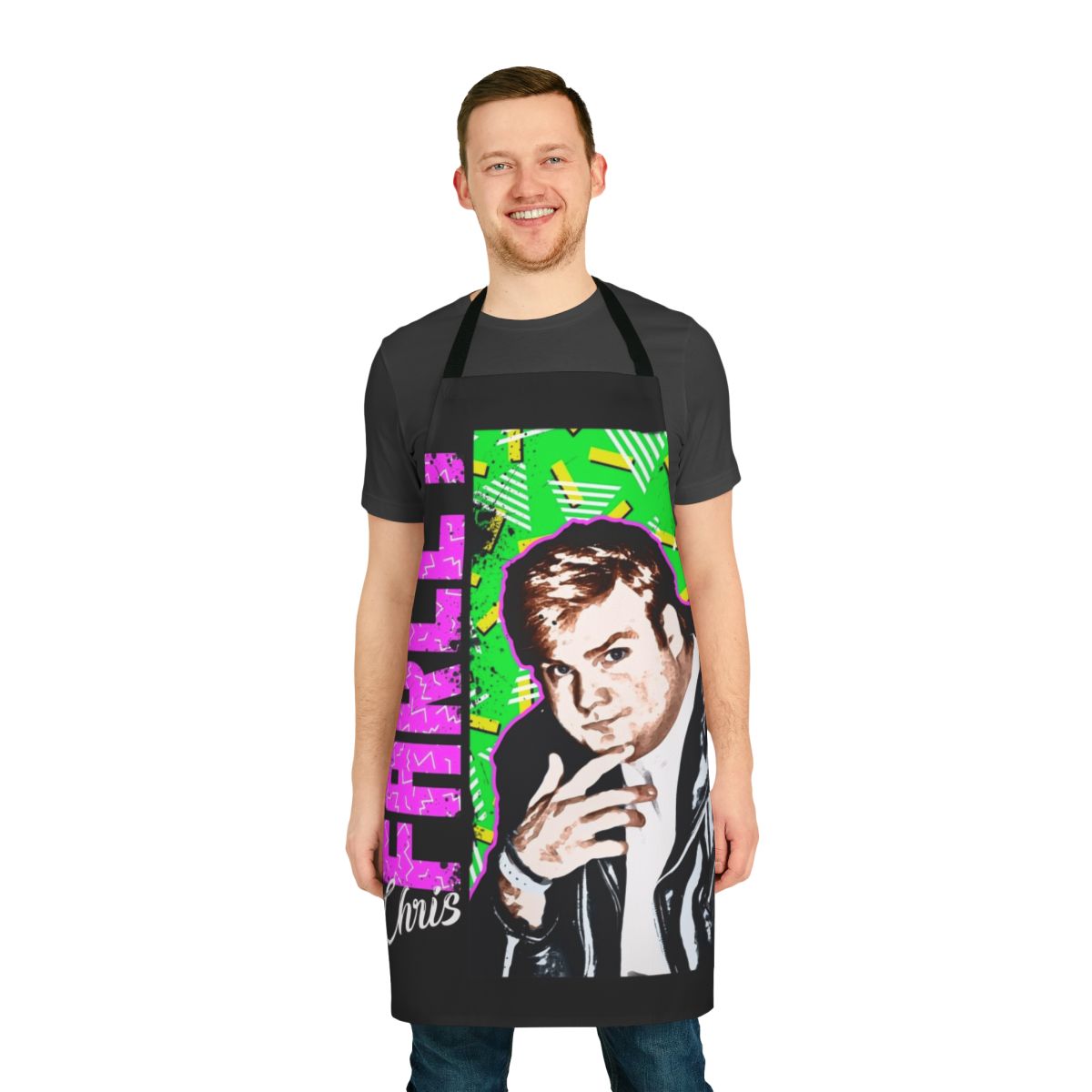 Retro Chris Farley graphic apron featuring iconic 90s style design