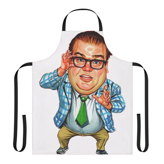 Vintage-style black and white apron featuring the iconic Chris Farley character