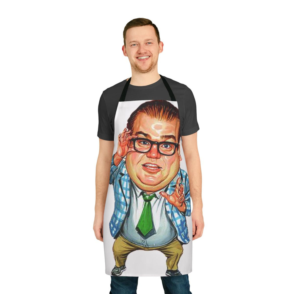 Vintage-style black and white apron featuring the iconic Chris Farley character
