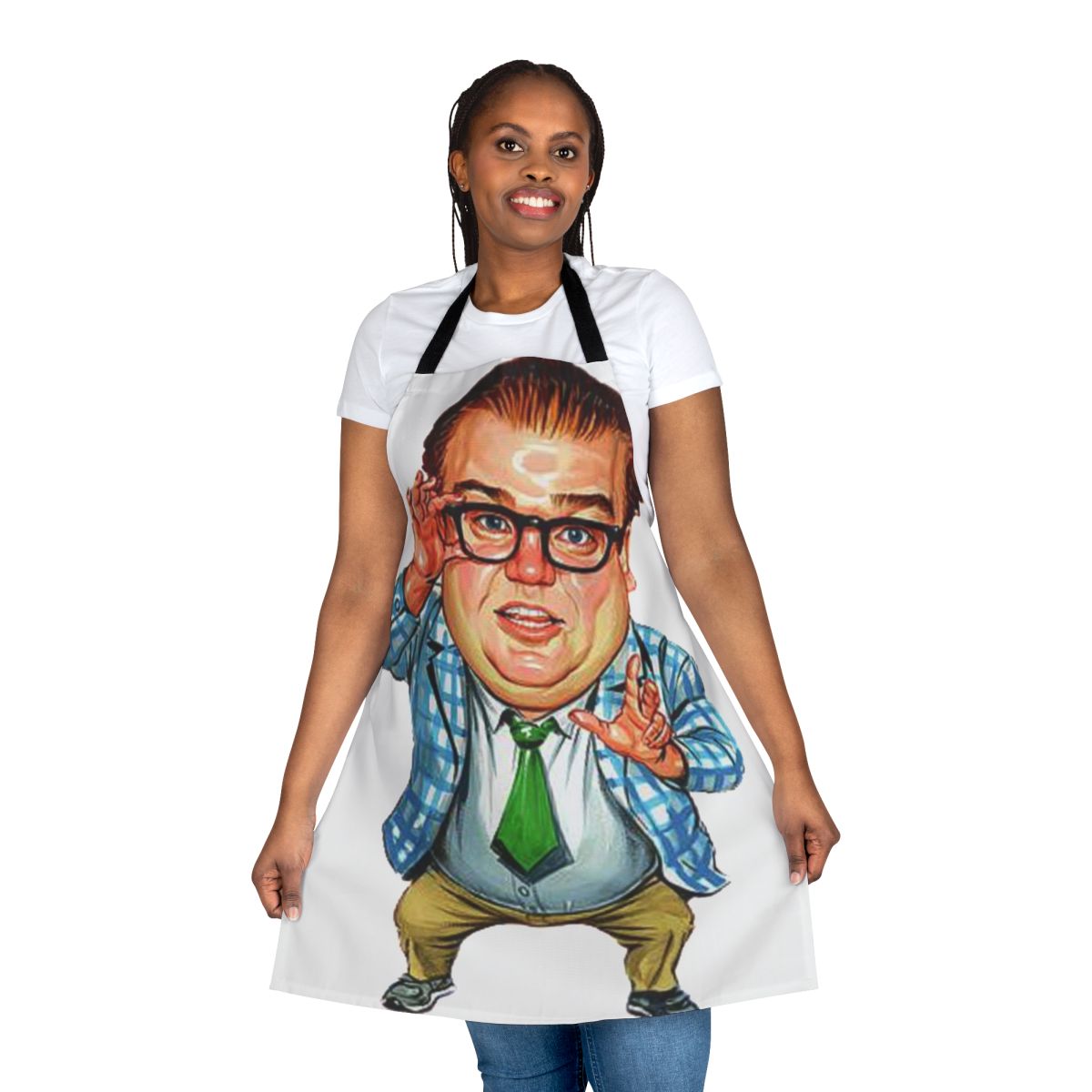 Vintage-style black and white apron featuring the iconic Chris Farley character