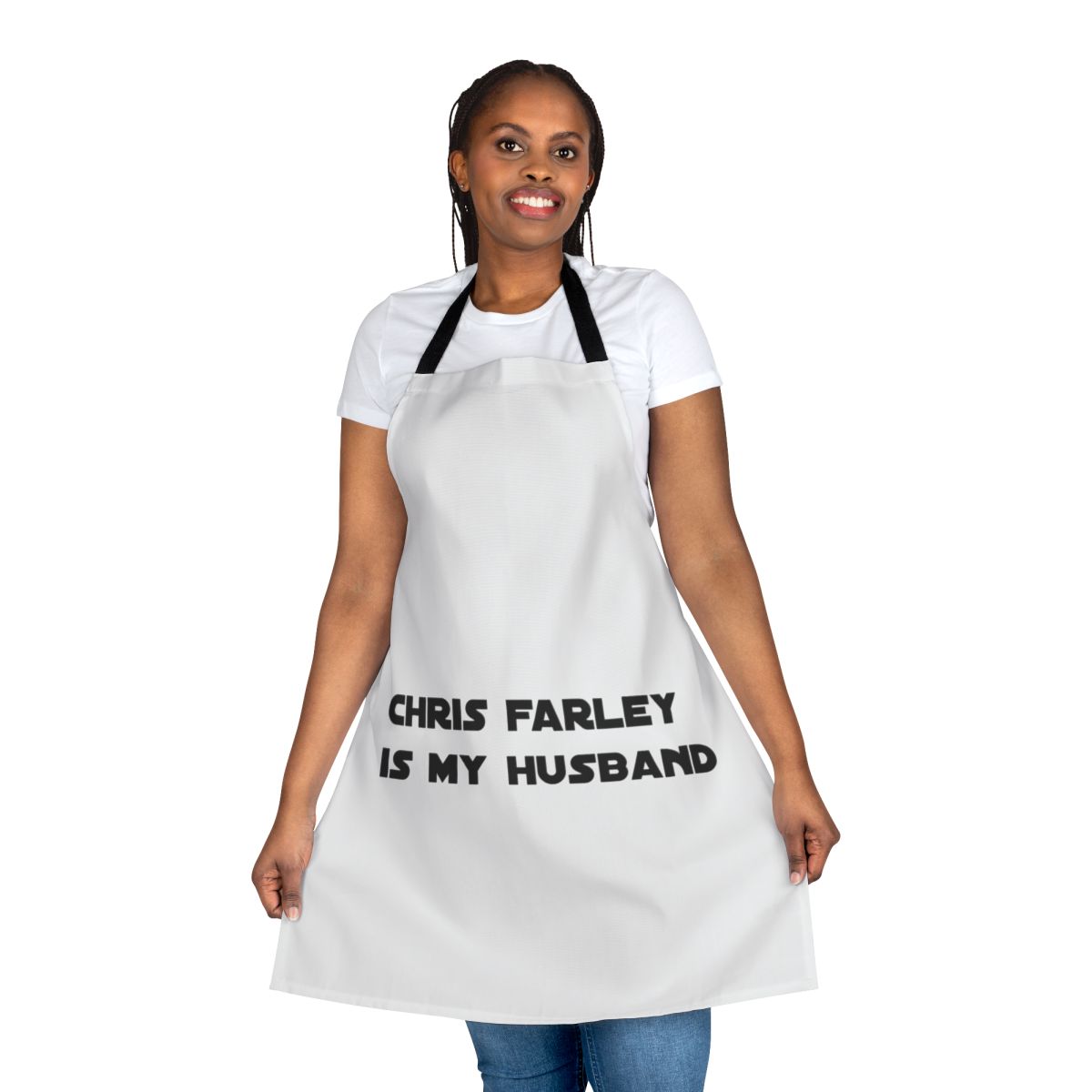 Cooking apron featuring a vintage-style design with the text "Chris Farley Is My Husband"