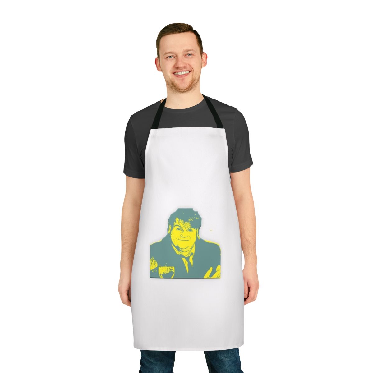 Retro-inspired apron featuring Chris Farley's iconic "Motivational Speaker" character from SNL