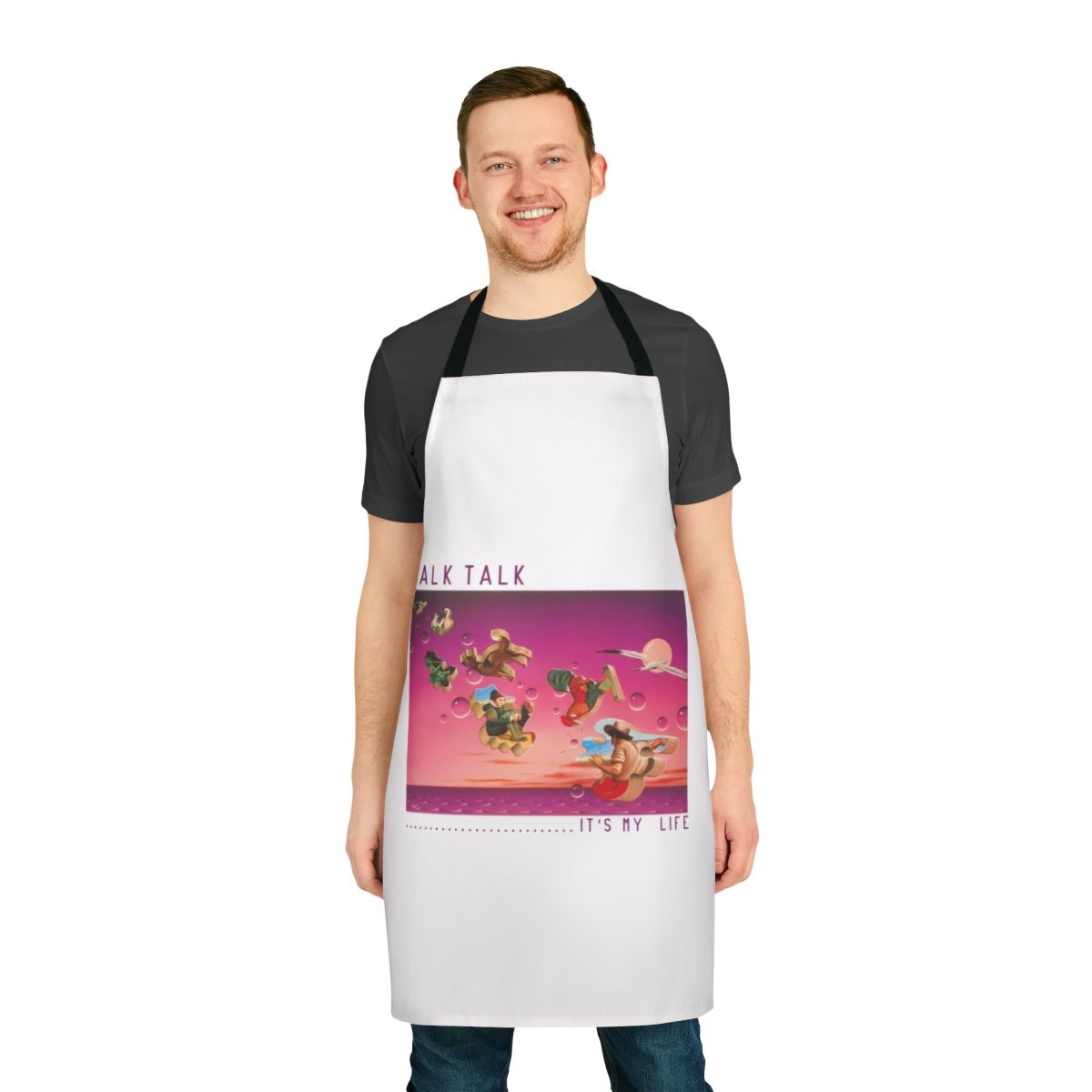 Vintage-inspired classic rock music apron with band logo and song titles