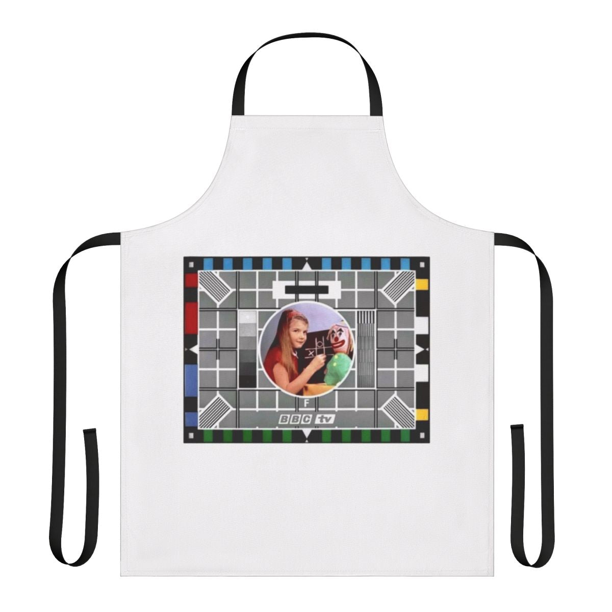 Retro classic test card design apron with 1970s television chalkboard graphics