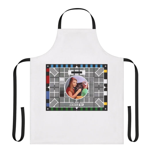 Retro classic test card design apron with 1970s television chalkboard graphics