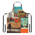 Retro collage art apron with vintage typography, floral patterns, and pop art inspired designs