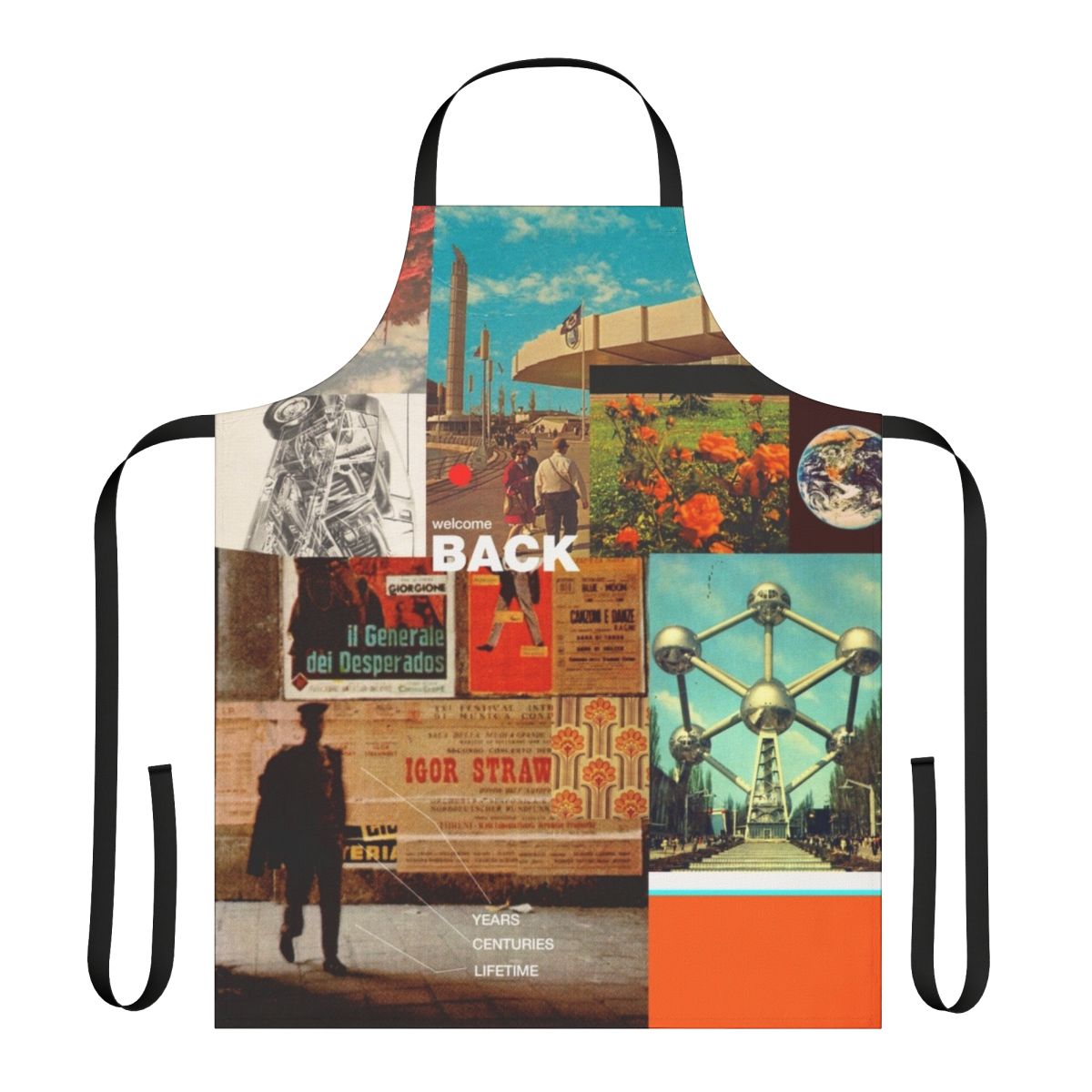 Retro collage art apron with vintage typography, floral patterns, and pop art inspired designs